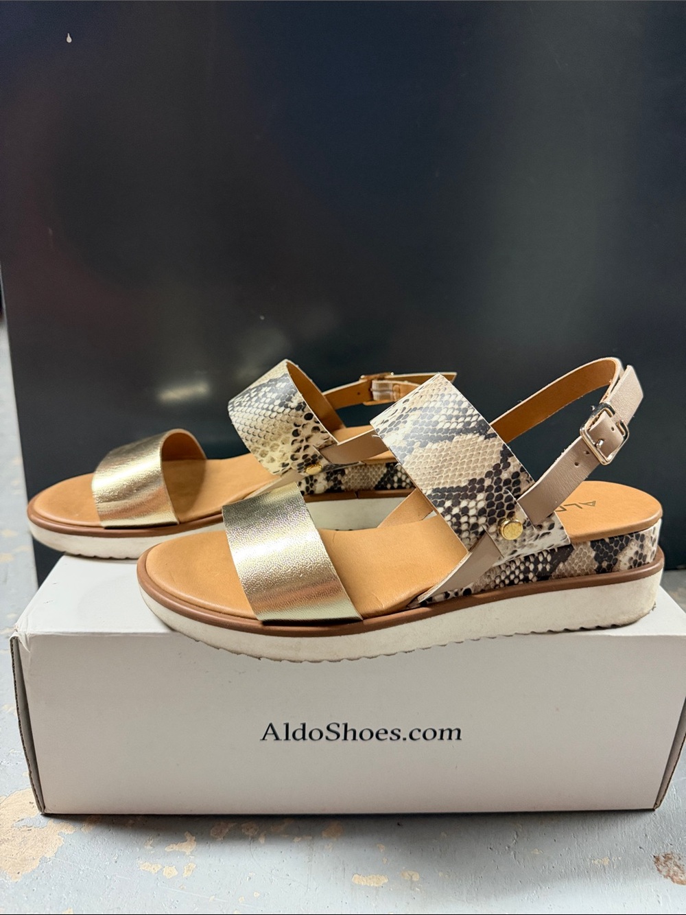 Aldo Gold Metallic and Snake Print Wedge Sandals